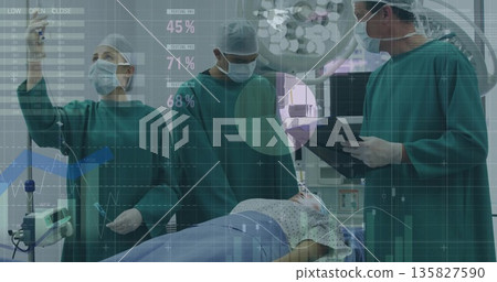 Surgical team wearing green scrubs operating in operating room, with IV drip and data overlays 135827590