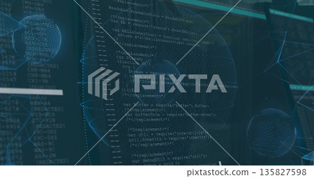 Displaying central code editor showing JavaScript variables in tech space, with 3D wireframe globes Displaying central code editor showing JavaScript variables in tech space, with 3D wireframe globes 135827598