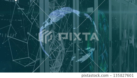 Displaying holographic digital globe overlaying server racks at data center, with network nodes 135827601