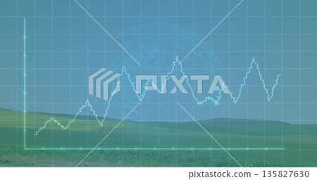 Displaying data overlay over grassland hills, using clear grid with axes line graph globe outline Displaying data overlay over grassland hills, using clear grid with axes line graph globe outline 135827630