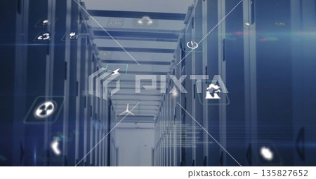 Drifting energy icons between server racks in data center hall, with cable trays, floor panels Drifting energy icons between server racks in data center hall, with cable trays, floor panels 135827652