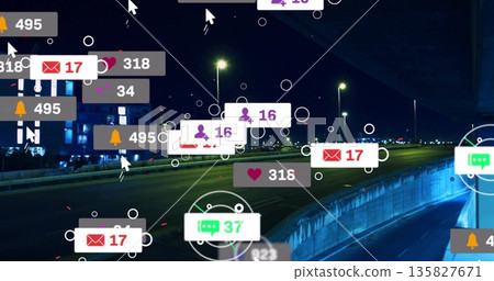 Floating social media notification icons hovering above highway under overpass, lights, barrier Floating social media notification icons hovering above highway under overpass, lights, barrier 135827671