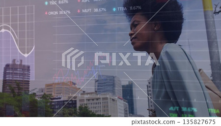 Standing businesswoman gazing over city street, with bag strap and stock ticker overlay, copy space 135827675