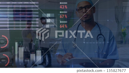 Doctor in blue scrubs with stethoscope holding tablet tracking graphs by hospital bed, copy space Doctor in blue scrubs with stethoscope holding tablet tracking graphs by hospital bed, copy space 135827677