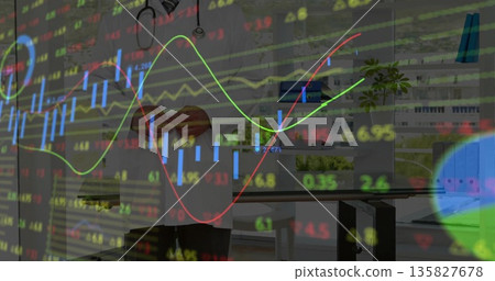 Presenting white lab coat on mannequin with stethoscope in clinic, overlaying market charts Presenting white lab coat on mannequin with stethoscope in clinic, overlaying market charts 135827678