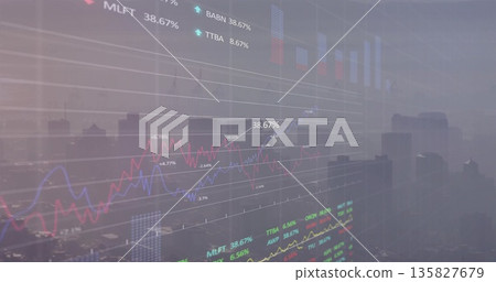 Displaying financial data overlay at city skyline with neon trend lines, bar charts, ticker labels Displaying financial data overlay at city skyline with neon trend lines, bar charts, ticker labels 135827679