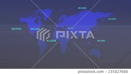 Displaying stylized digital world map filling interface screen, with teal numeric overlay labels Displaying stylized digital world map filling interface screen, with teal numeric overlay labels 135827680