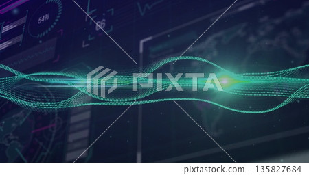 Displaying glowing green waveform undulating on digital dashboard, with HUD panels and map outlines Displaying glowing green waveform undulating on digital dashboard, with HUD panels and map outlines 135827684