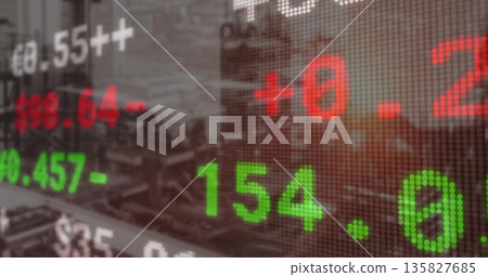 Displaying transparent stock market ticker numbers over blurred urban skyline, with pixel grid Displaying transparent stock market ticker numbers over blurred urban skyline, with pixel grid 135827685