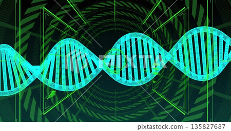Displaying neon teal 3D DNA double helix in abstract digital interface, with geometric frames 135827687