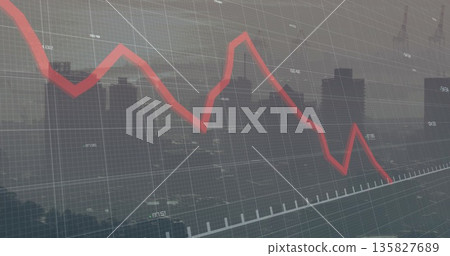 Showing jagged red falling line on grid overlay, with axis labels, skyline silhouettes and cranes 135827689