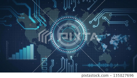 Displaying circular HUD interface showing data rings on panel, with map and glowing circuit nodes 135827696
