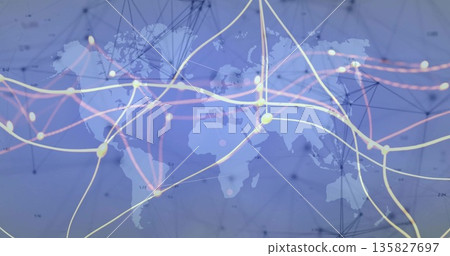 Showing translucent world map outline on GUI grid, highlighting glowing nodes forming curving lines 135827697