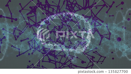 Presenting brain network forming by pixel blocks in gray grid, with purple nodes and cyan waveforms 135827700