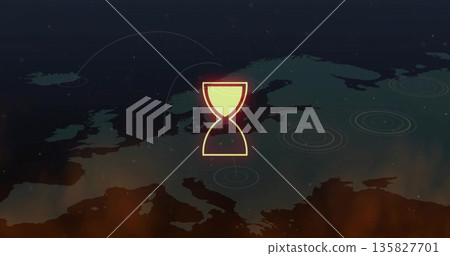 Displaying hourglass icon marking countdown over Europe map, with data arcs and target markers Displaying hourglass icon marking countdown over Europe map, with data arcs and target markers 135827701