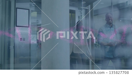 Walking two colleagues in suits through glass corridor with elevator doors, pink waveform overlay 135827708