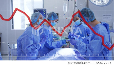 Collaborating surgical team performing operation in operating room, with tools and vital sign graph Collaborating surgical team performing operation in operating room, with tools and vital sign graph 135827723