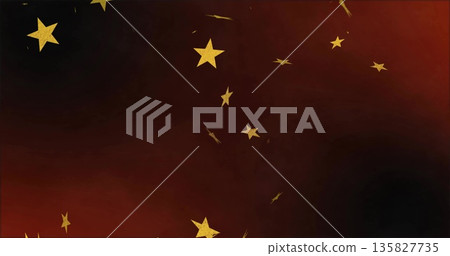 Glowing large golden star floating over dark red to black gradient, with scattered star motifs 135827735