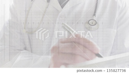 Writing doctor wearing white lab coat in clinic, with stethoscope pen clipboard and ECG overlay Writing doctor wearing white lab coat in clinic, with stethoscope pen clipboard and ECG overlay 135827736