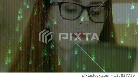 Gazing female developer wearing eyeglasses analyzing code on laptop in study, with binary overlay Gazing female developer wearing eyeglasses analyzing code on laptop in study, with binary overlay 135827739