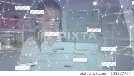 Studying student with braided hair interacting in learning room, with clear code network interface 135827764