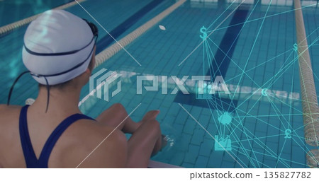 Sitting swimmer dipping feet into lap pool at pool center, holographic finance graphics, copy space Sitting swimmer dipping feet into lap pool at pool center, holographic finance graphics, copy space 135827782