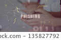Showing hands holding phone on grey backdrop, with circuit binary overlays and phishing warning 135827792