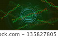 Displaying fingerprint HUD on dark grid plane, DNA helices, cloud, email, globe and database icons 135827805