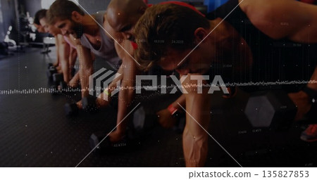 Performing plank push-ups adults gripping dumbbells on mat in gym with waveform numeric overlays Performing plank push-ups adults gripping dumbbells on mat in gym with waveform numeric overlays 135827853