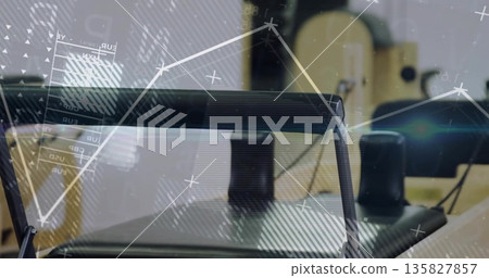 Featuring conference bar with dual camera speaker units in office overlaying currency chart graphic 135827857