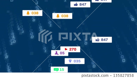 Notification badges floating in code matrix with like, bell, play, user, location and chat icons 135827858