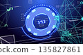 Displaying circular HUD gauge glowing on blue digital interface, featuring 593 readout, arcs, icons 135827861