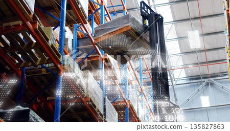 Raising forklift mast and forks lifting wrapped pallet inside warehouse, racks and digital overlay Raising forklift mast and forks lifting wrapped pallet inside warehouse, racks and digital overlay 135827863
