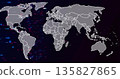Displaying map with gray continents and white borders on dark screen, with red and blue particles 135827865