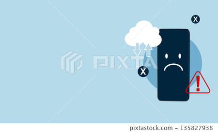 Conceptual illustration of a smartphone with a sad face representing a technical error, cloud sync failure, and system alert on a blue background Conceptual illustration of a smartphone with a sad face representing a technical error, cloud sync failure, and system alert on a blue background 135827938