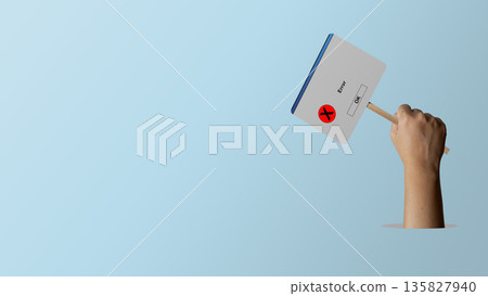 A hand holding up a sign designed like a computer system error pop-up window with an OK button and red cross icon, set against a clean blue background with copy space A hand holding up a sign designed like a computer system error pop-up window with an OK button and red cross icon, set against a clean blue background with copy space 135827940