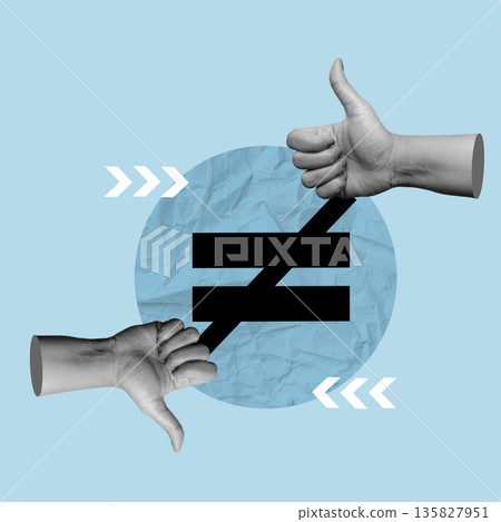 Contemporary surreal collage art representing social inequality and disagreement. Features thumbs up and thumbs down hands with a black not equal sign on a blue background Contemporary surreal collage art representing social inequality and disagreement. Features thumbs up and thumbs down hands with a black not equal sign on a blue background 135827951