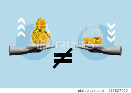 A conceptual digital collage representing the wealth gap and financial inequality using hands holding jars with different amounts of gold coins and a not equal sign on a blue background 135827952