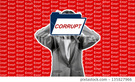 Distressed woman in a suit with his hands on his head, covering his face with a folder labeled "CORRUPT", conveying a sense of digital crisis, data loss, or software malfunction 135827966