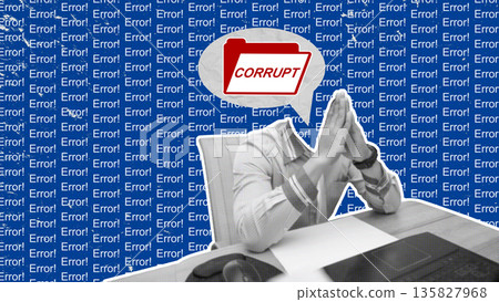 Concept of corrupt file and data corruption through a digital collage. Crossed hands on a desk and the word "CORRUPT", it represents the frustration and challenges of data loss and system malfunction Concept of corrupt file and data corruption through a digital collage. Crossed hands on a desk and the word "CORRUPT", it represents the frustration and challenges of data loss and system malfunction 135827968
