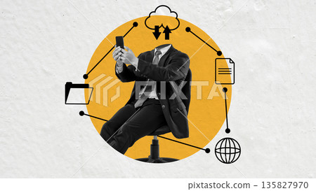 Creative collage of a headless businessman using a phone, surrounded by networking icons like cloud, folder, and globe, symbolizing modern digital connectivity and technology in the workspace Creative collage of a headless businessman using a phone, surrounded by networking icons like cloud, folder, and globe, symbolizing modern digital connectivity and technology in the workspace 135827970