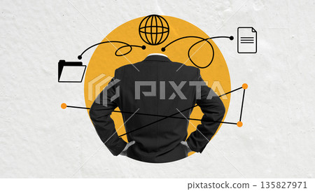 Conceptual collage of a businessman with a globe head, surrounded by digital icons, illustrating global networking, information management, and modern corporate communication strategies Conceptual collage of a businessman with a globe head, surrounded by digital icons, illustrating global networking, information management, and modern corporate communication strategies 135827971