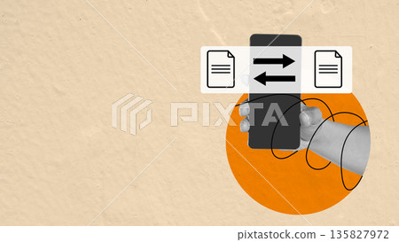 Contemporary collage showing a hand with a smartphone and file transfer icons, representing data synchronization, cloud storage, and mobile document sharing on a textured background 135827972