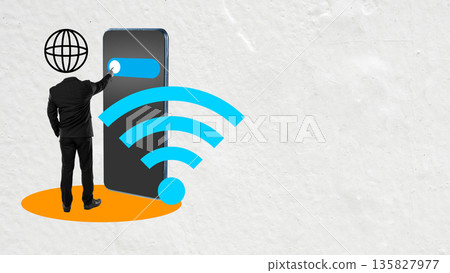 A surreal concept image of a businessman with a globe head activating a Wi-Fi connection on a giant smartphone. Represents global networking, internet access, and digital communication 135827977