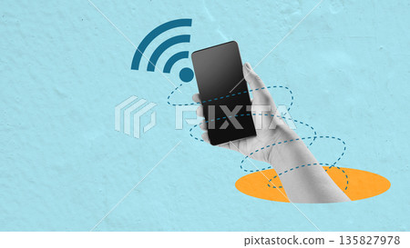 A conceptual digital art collage of a hand holding a mobile phone with a wifi symbol and data lines, representing wireless connectivity, high-speed internet, and modern communication 135827978