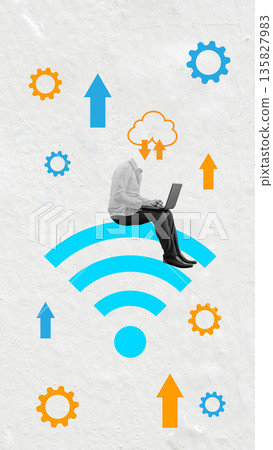 Conceptual art of a headless businessman sitting on a large blue WiFi symbol, using a laptop surrounded by digital icons like gears, arrows, and a cloud. Represents cloud computing and connectivity 135827983