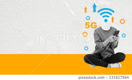 Creative digital collage featuring a person with a Wi-Fi head using a smartphone, surrounded by 5G symbols, arrows, and gears, representing high-speed connectivity and modern technology 135827984