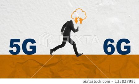 Illustration concept depicting a businessman running from 5G towards 6G, symbolizing the advancement and progress in mobile network technology. The cloud above the man represents data and connectivity Illustration concept depicting a businessman running from 5G towards 6G, symbolizing the advancement and progress in mobile network technology. The cloud above the man represents data and connectivity 135827985