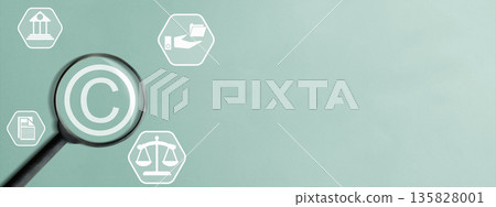 A magnifying glass over a copyright symbol surrounded by legal and document icons on a green background with ample copy space for text. Concept of intellectual property protection A magnifying glass over a copyright symbol surrounded by legal and document icons on a green background with ample copy space for text. Concept of intellectual property protection 135828001