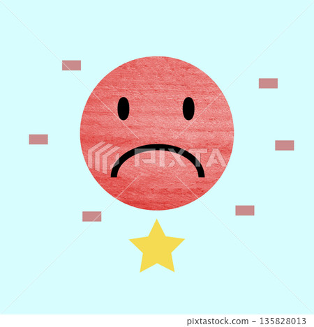 Minimalist illustration of a red textured sad face, one yellow star, and pink minus signs on a light blue background, conceptualizing bad reviews, low ratings, or disappointment Minimalist illustration of a red textured sad face, one yellow star, and pink minus signs on a light blue background, conceptualizing bad reviews, low ratings, or disappointment 135828013